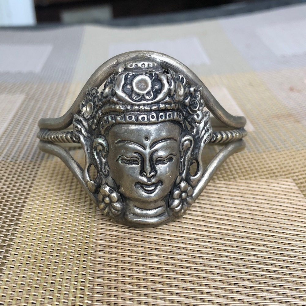 Vintage Silver Tone Ornate Face Cuff Spiritual Bracelet